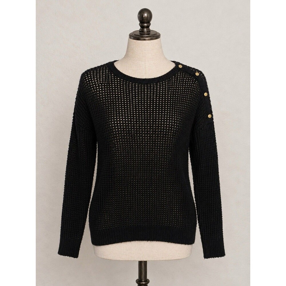 Gap Black Open Knit Sweater XS Gold Button Shoulder Lightweight Pullover